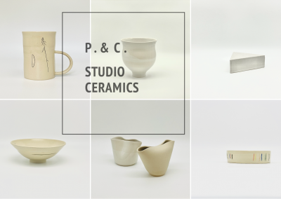 Darstellung diverser Produkte von P. & C. STUDIO CERAMICS und dem Logo.